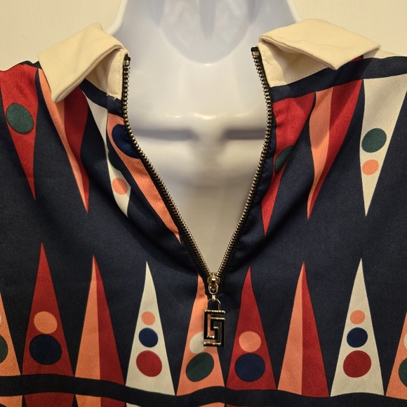 Dress Blouse Top w/ Retro Mod Design w/ Black Skirt Pearl Button Cuffs Size L - Picture 4 of 14